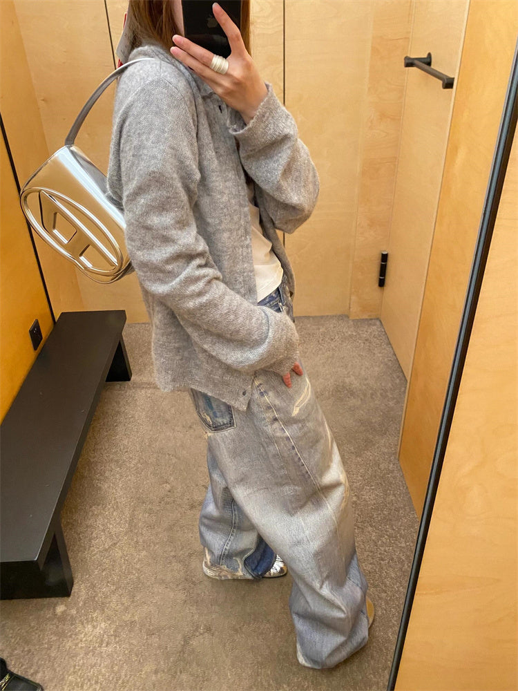 donclick 24FW Our Legacy Mohair Wool Blend Cardigan Light Grey Relaxed Fit Knit