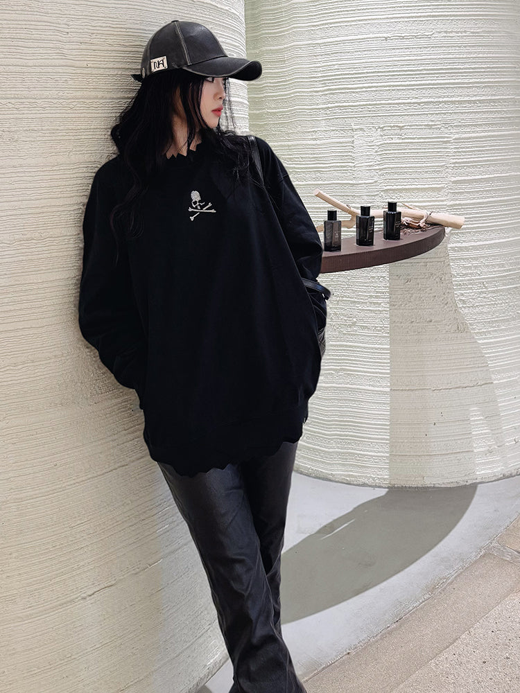 MASTERMIND MMJ Skull Glitter 3D Print Cut-Off Distressed Crewneck Sweatshirt