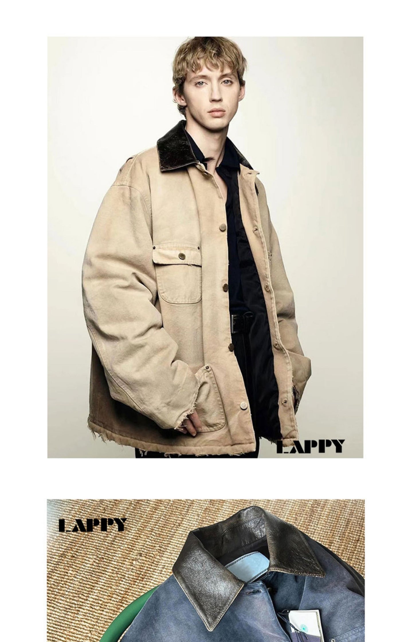 24SS Goatskin Patchwork Workwear Jacket with Leather Collar-Oversized Silhouette