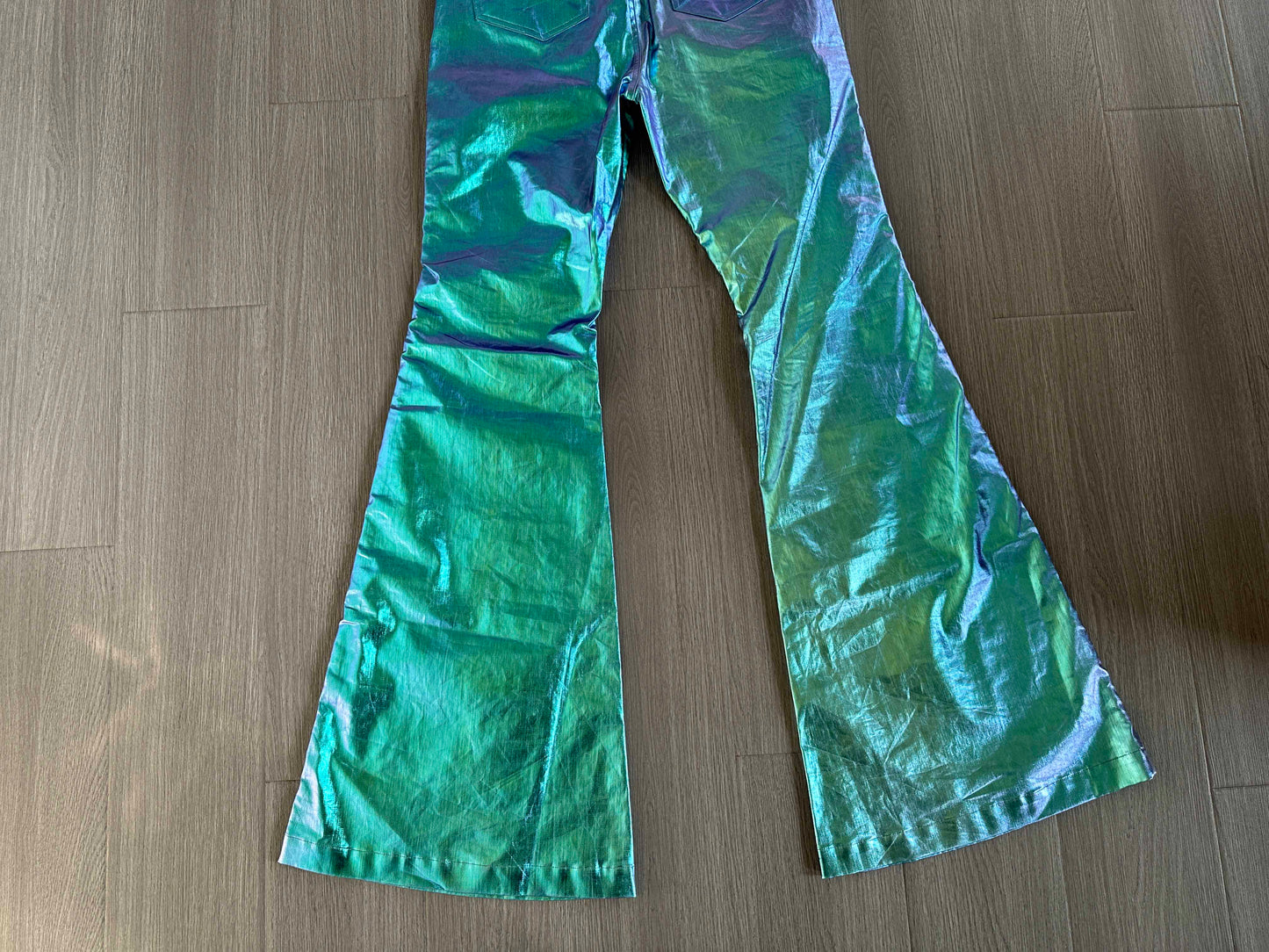 Rick Owen Acbt Coated Green Iridescent Flared Jeans - Wide-Leg Stacked Pants