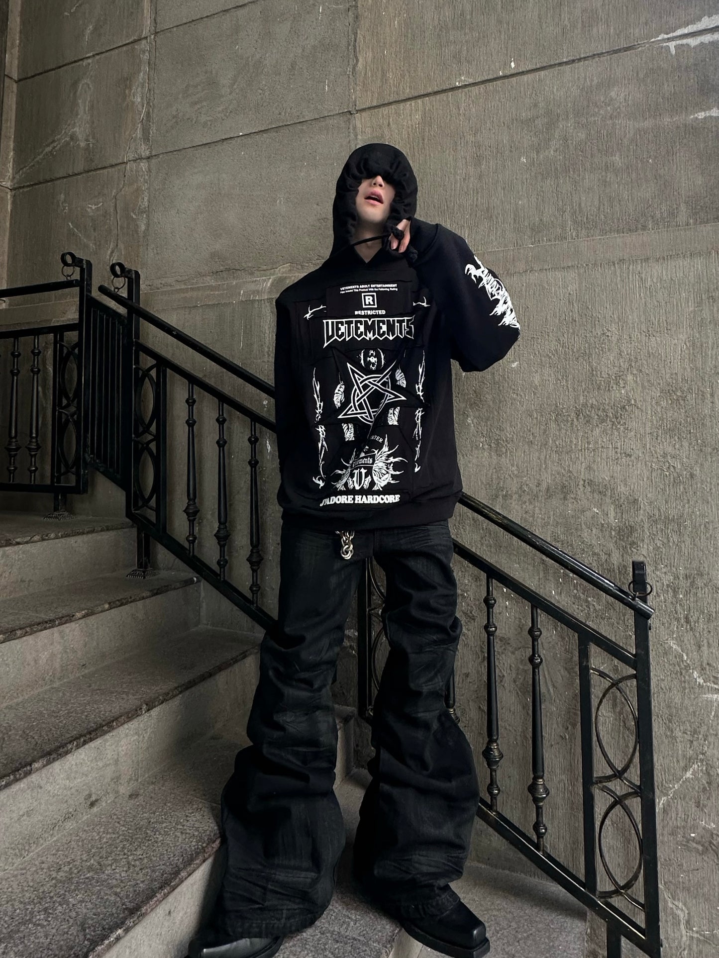 Vetements 24FW Oversized Hoodie J’adore Hardcore Patchwork Garments Black Patched Logo