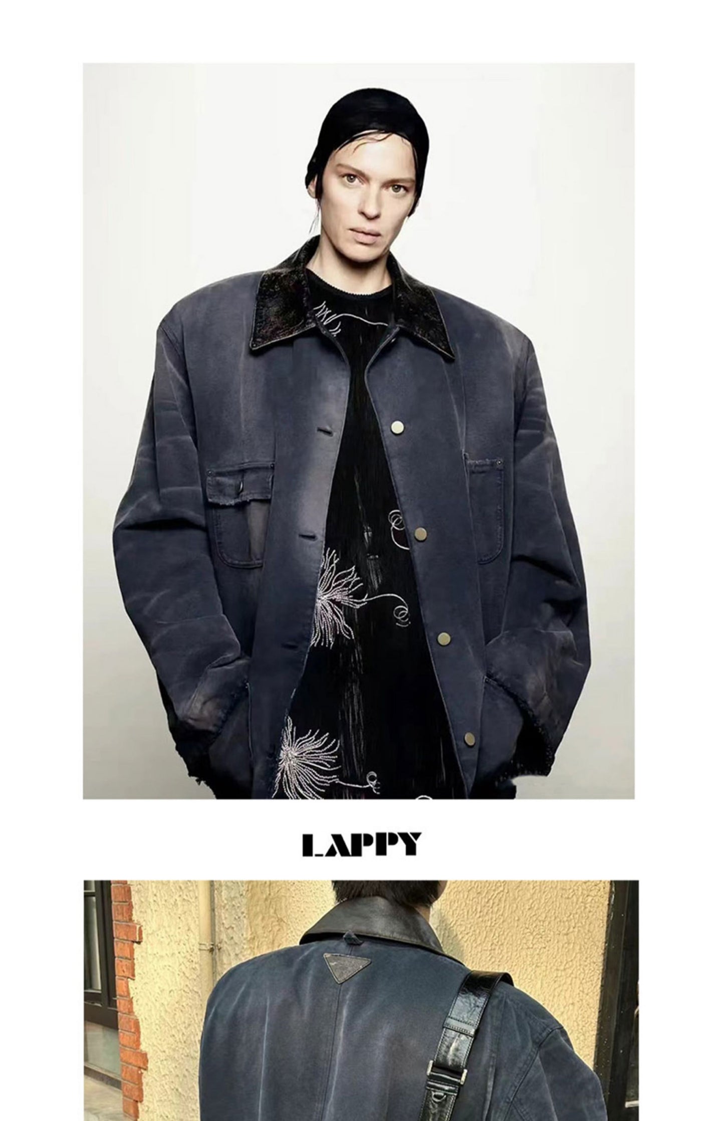 24SS Goatskin Patchwork Workwear Jacket with Leather Collar-Oversized Silhouette