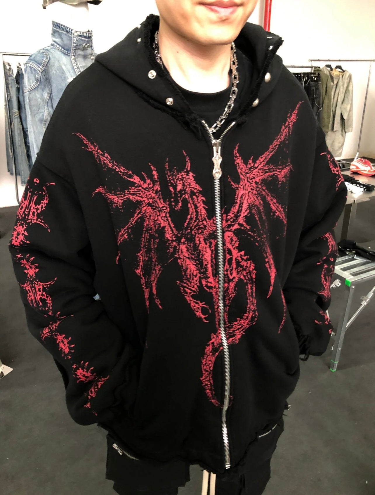 THUG CLUB Heavyweight Hoodie Dragon Spine Demon Print Studded Washed Zip-Up Jackets
