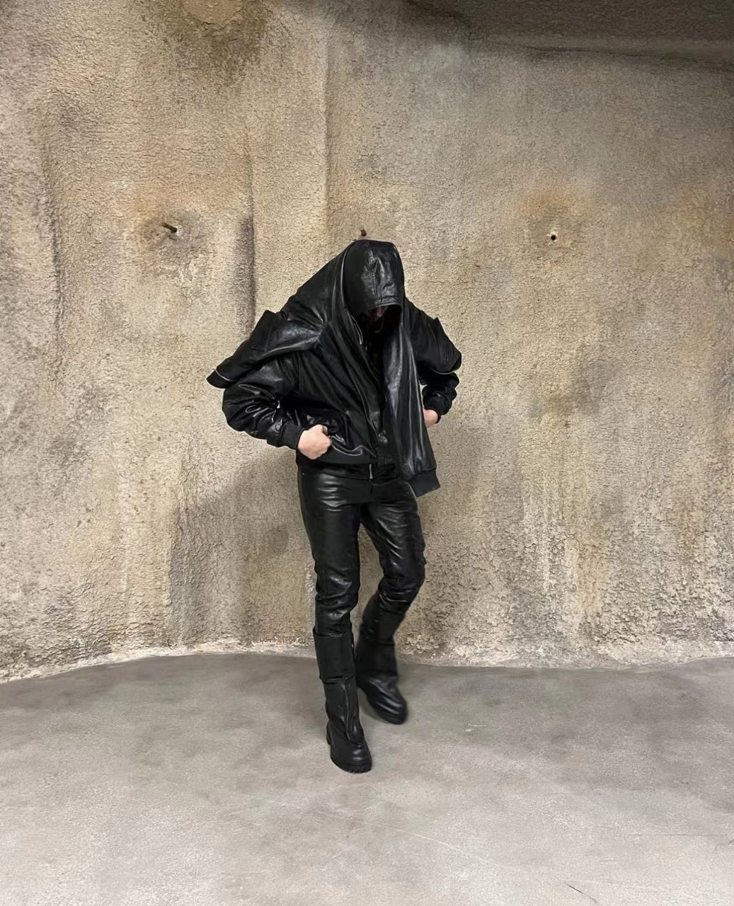 Self-made 424 Distressed Leather Slouch Boots Oversized Crinkled Biker High Boots
