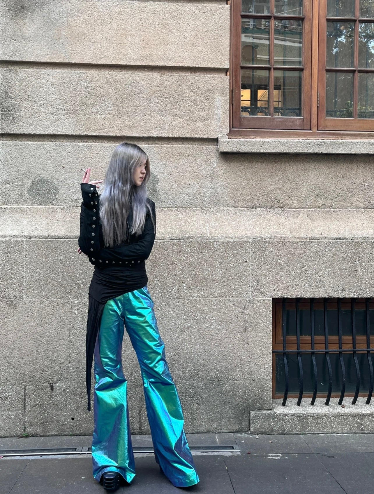 Rick Owen Acbt Coated Green Iridescent Flared Jeans - Wide-Leg Stacked Pants