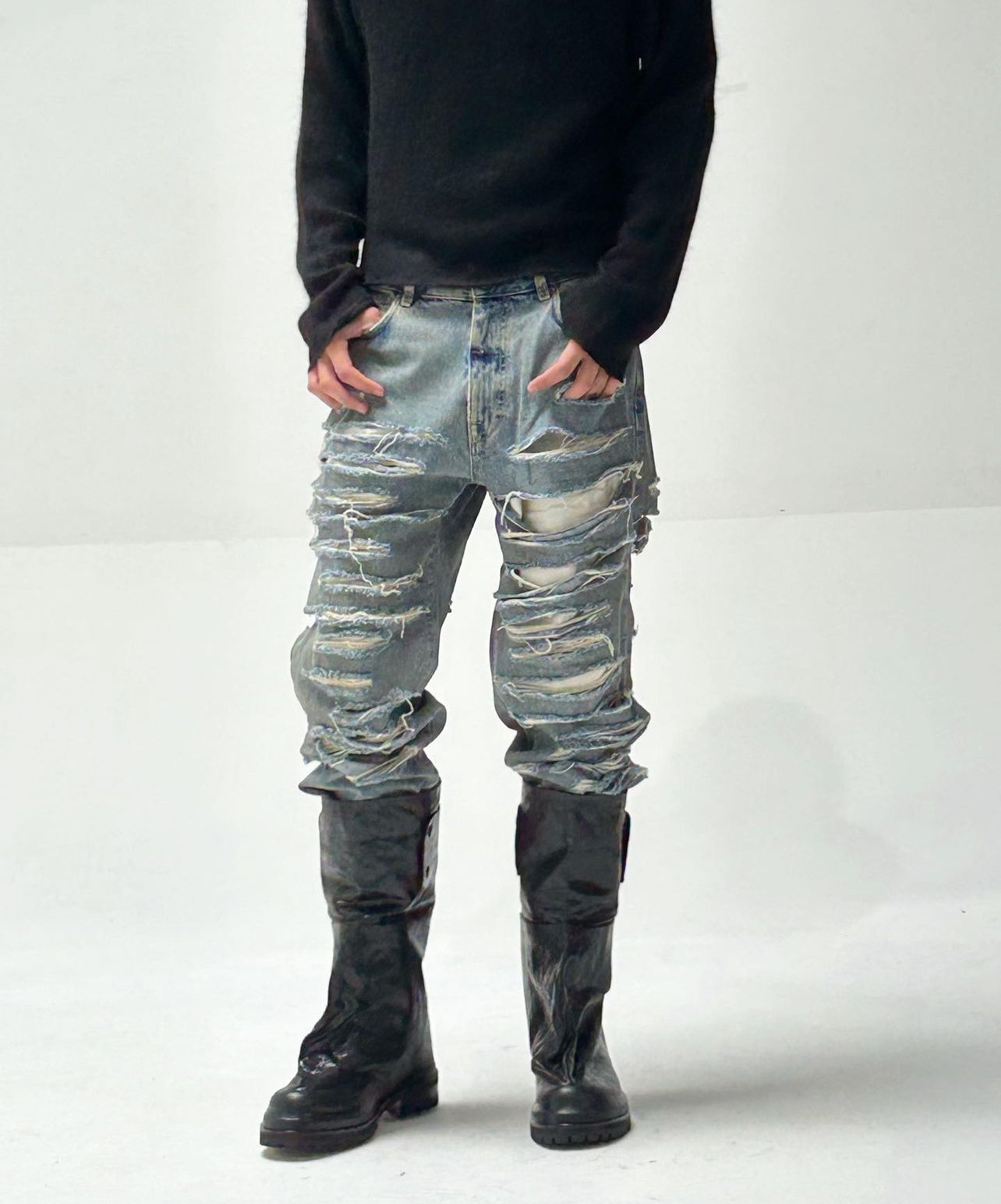 Self-made 424 Distressed Leather Slouch Boots Oversized Crinkled Biker High Boots