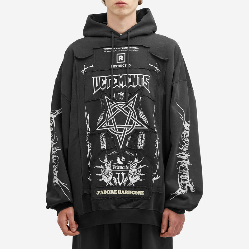 Vetements 24FW Oversized Hoodie J’adore Hardcore Patchwork Garments Black Patched Logo