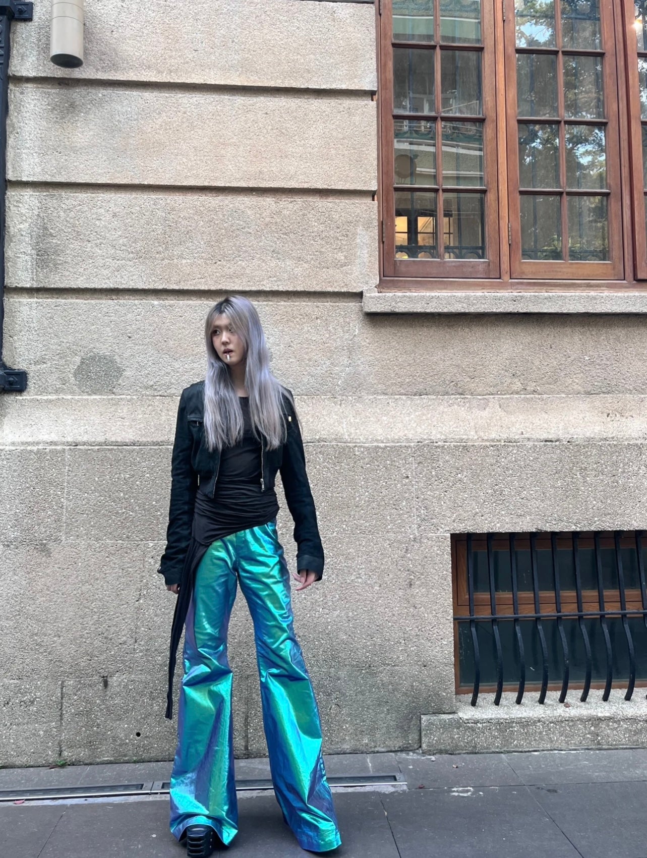 Rick Owen Acbt Coated Green Iridescent Flared Jeans - Wide-Leg Stacked Pants