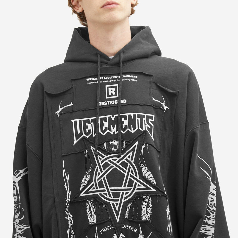 Vetements 24FW Oversized Hoodie J’adore Hardcore Patchwork Garments Black Patched Logo