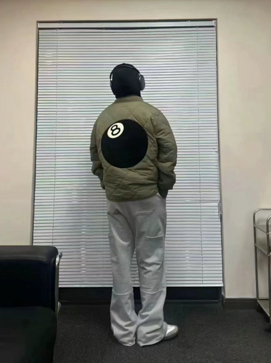 23FW Stussy 8 BALL Black Diamond Grid Zipper Jacket Loose Casual Retro Cotton Outerwear