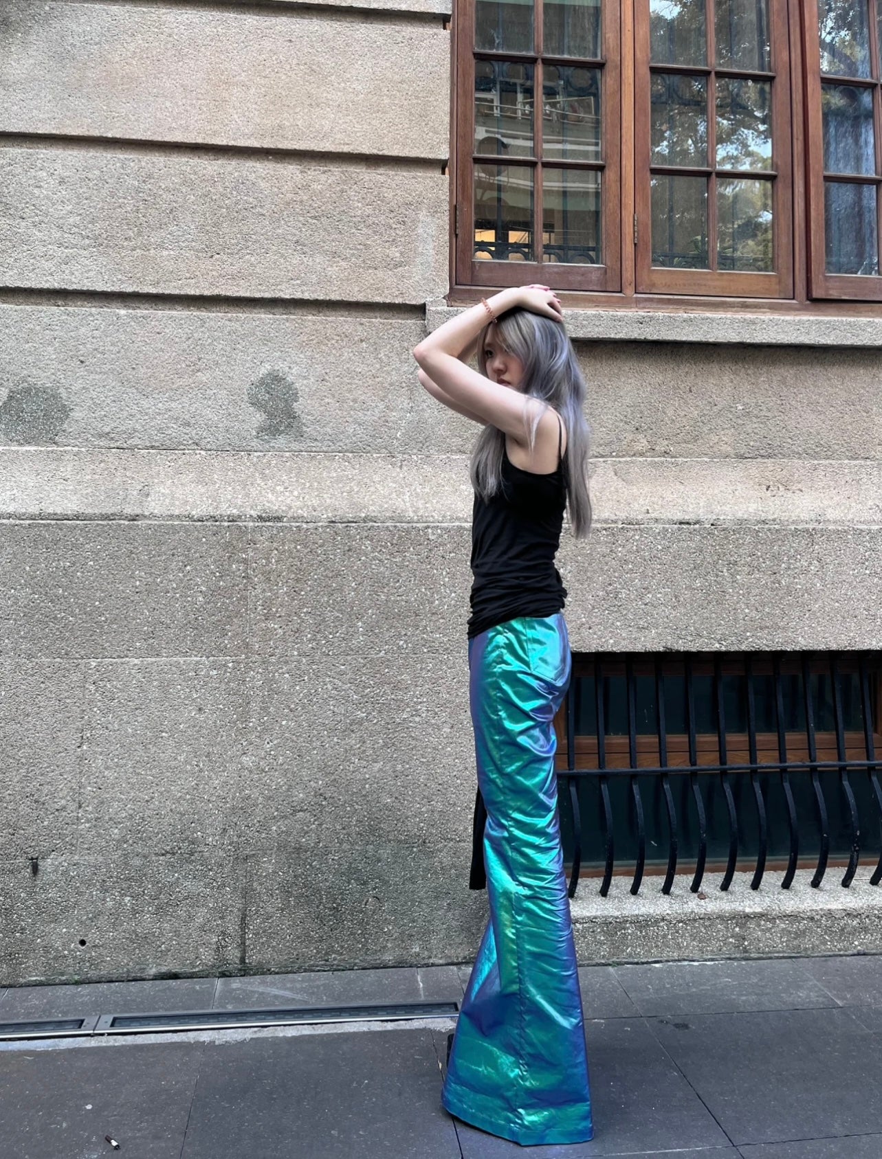 Rick Owen Acbt Coated Green Iridescent Flared Jeans - Wide-Leg Stacked Pants