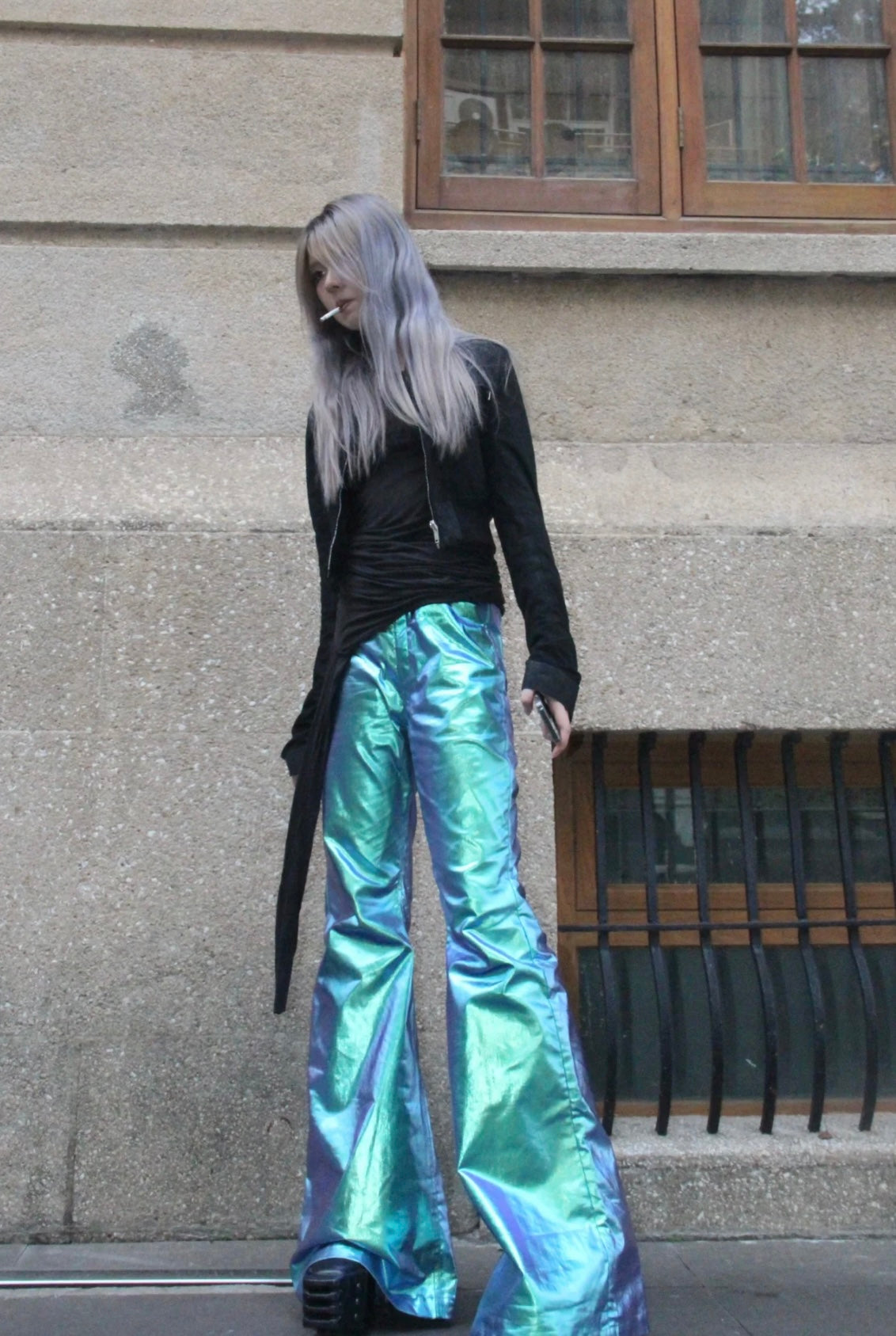 Rick Owen Acbt Coated Green Iridescent Flared Jeans - Wide-Leg Stacked Pants