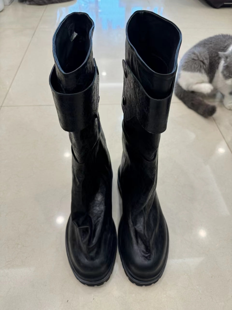 Self-made 424 Distressed Leather Slouch Boots Oversized Crinkled Biker High Boots