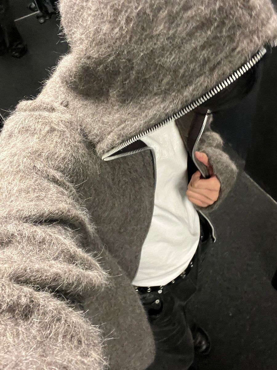 Self-made Our Legacy Grey Mohair Zip Cardigan – Wool Blend Relaxed Hooded Knit