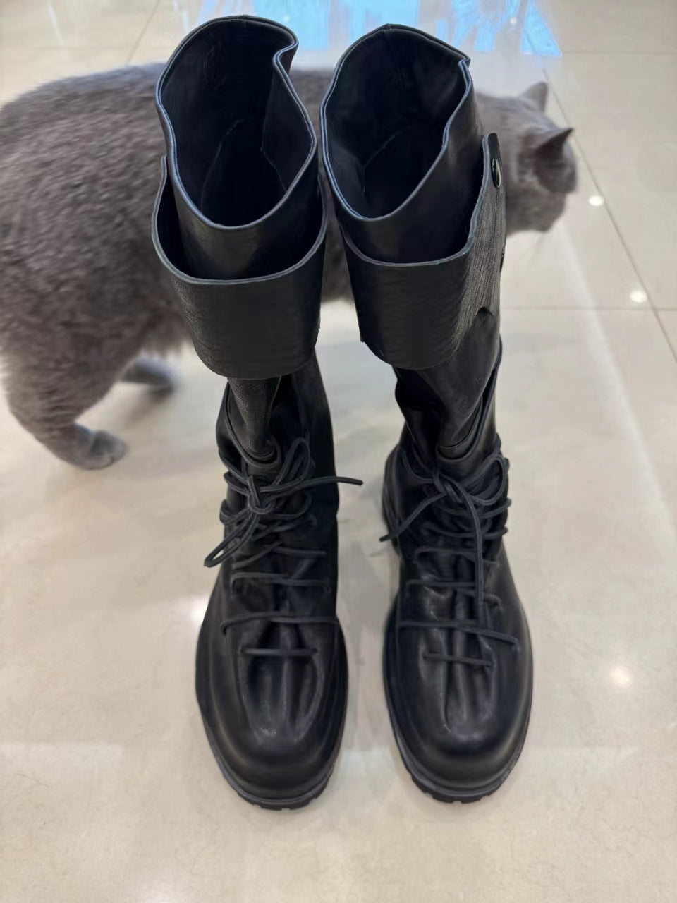 Self-made 424 Distressed Leather Slouch Boots Oversized Crinkled Biker High Boots