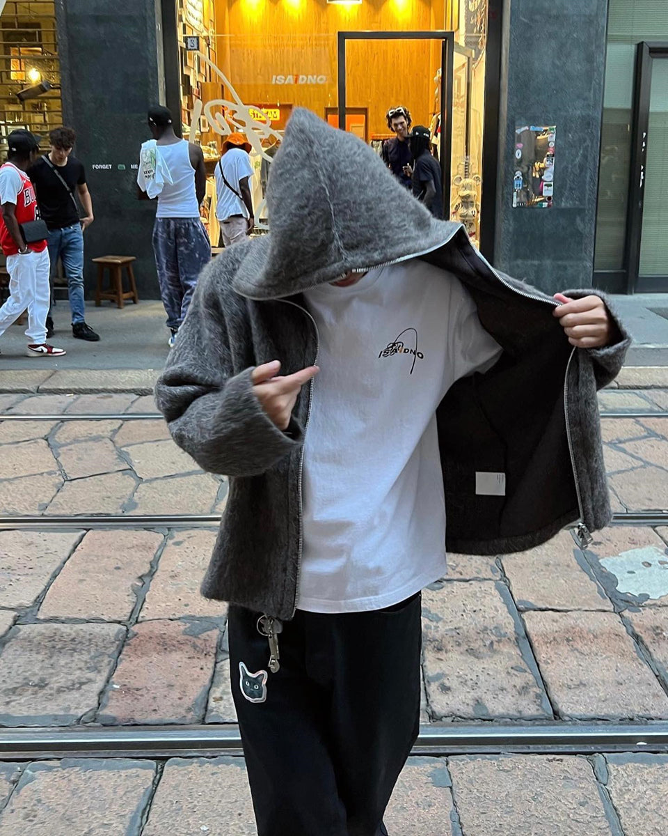 Self-made Our Legacy Grey Mohair Zip Cardigan – Wool Blend Relaxed Hooded Knit