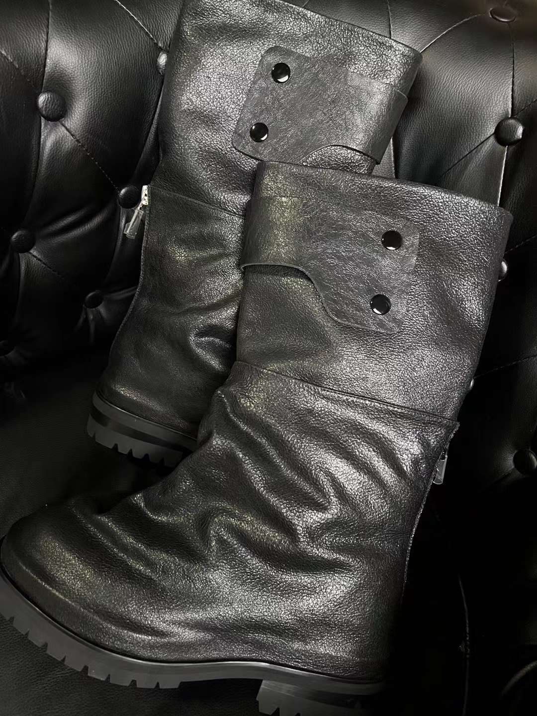 Self-made 424 Distressed Leather Slouch Boots Oversized Crinkled Biker High Boots