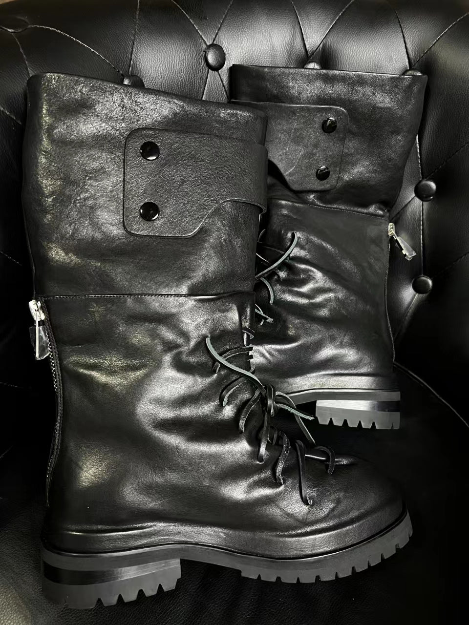 Self-made 424 Distressed Leather Slouch Boots Oversized Crinkled Biker High Boots