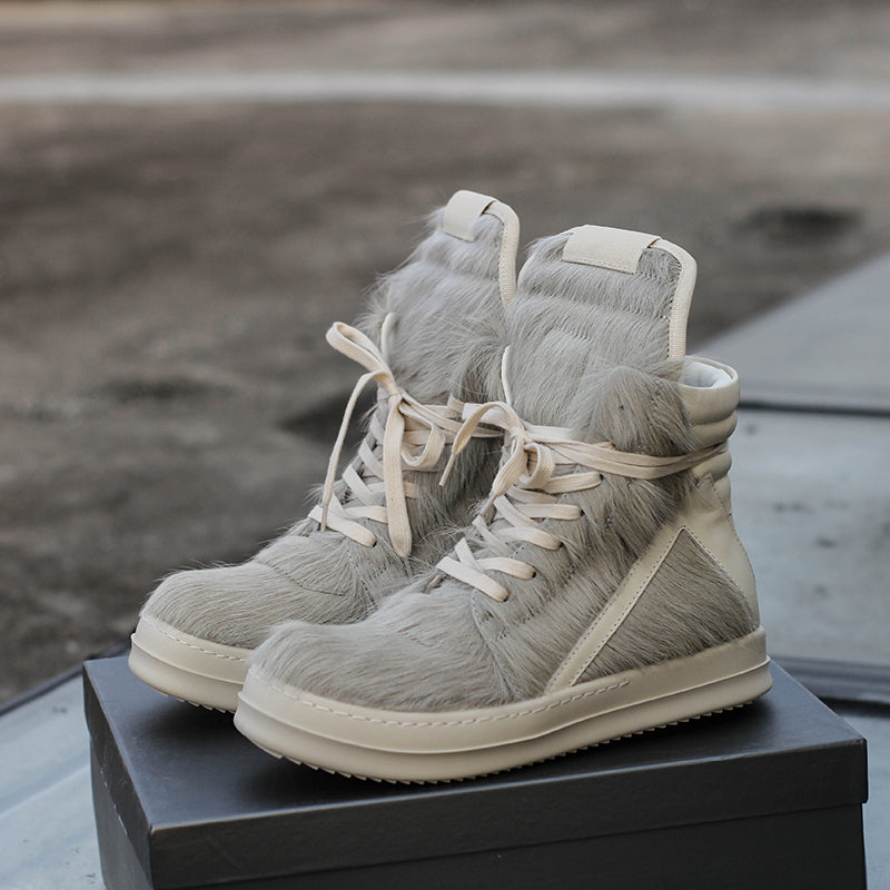 24SS Pony Hair RO High-Top Sneakers – Leather Thick Sole Casual Shoes Unisex