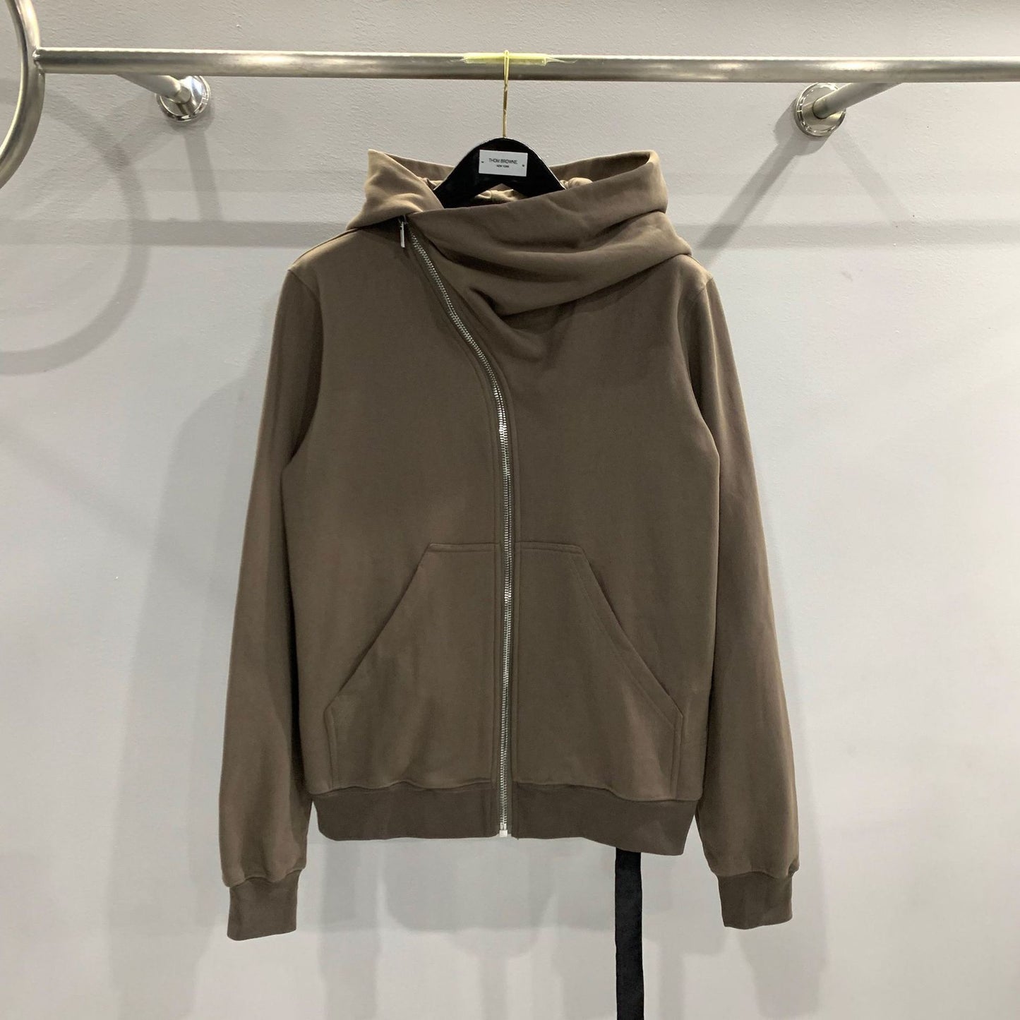 RO Dark Wizard Rick Owen Hoodie - Asymmetric Zip Avant-garde Black Winter Fleece