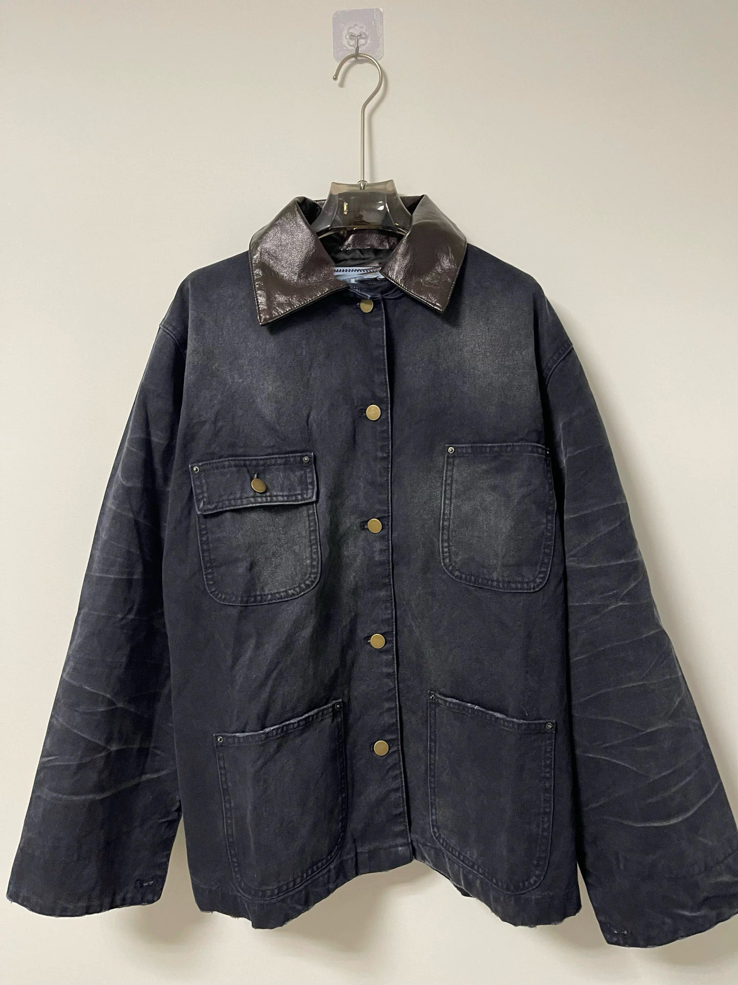 24SS Goatskin Patchwork Workwear Jacket with Leather Collar-Oversized Silhouette