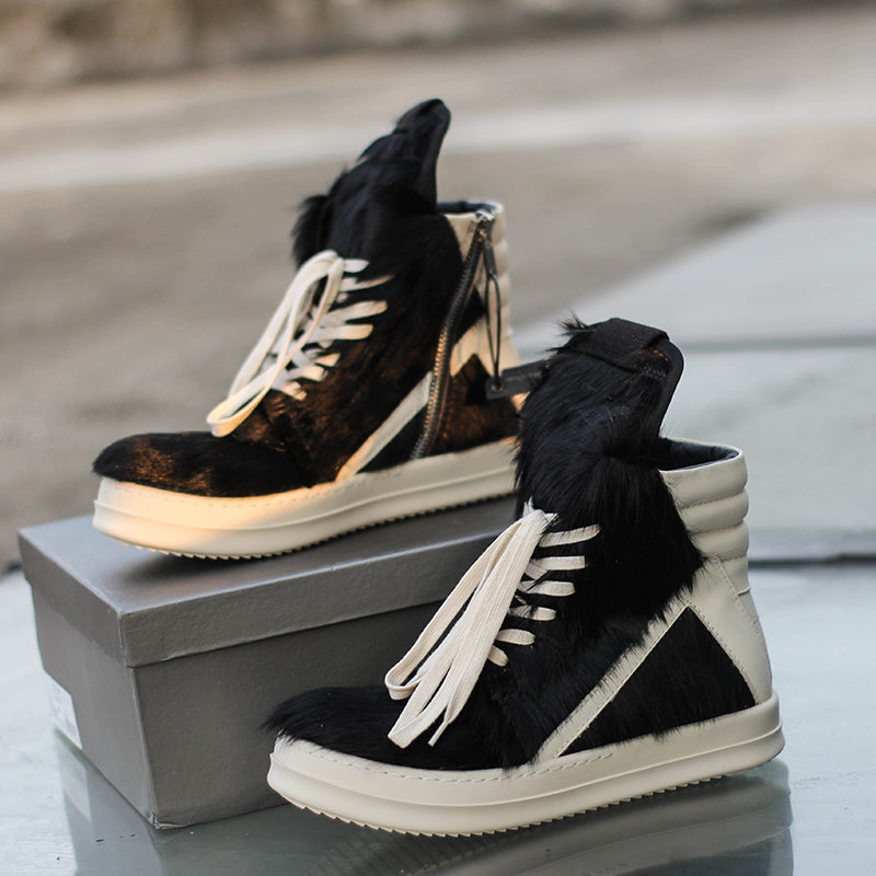 24SS Pony Hair RO High-Top Sneakers – Leather Thick Sole Casual Shoes Unisex