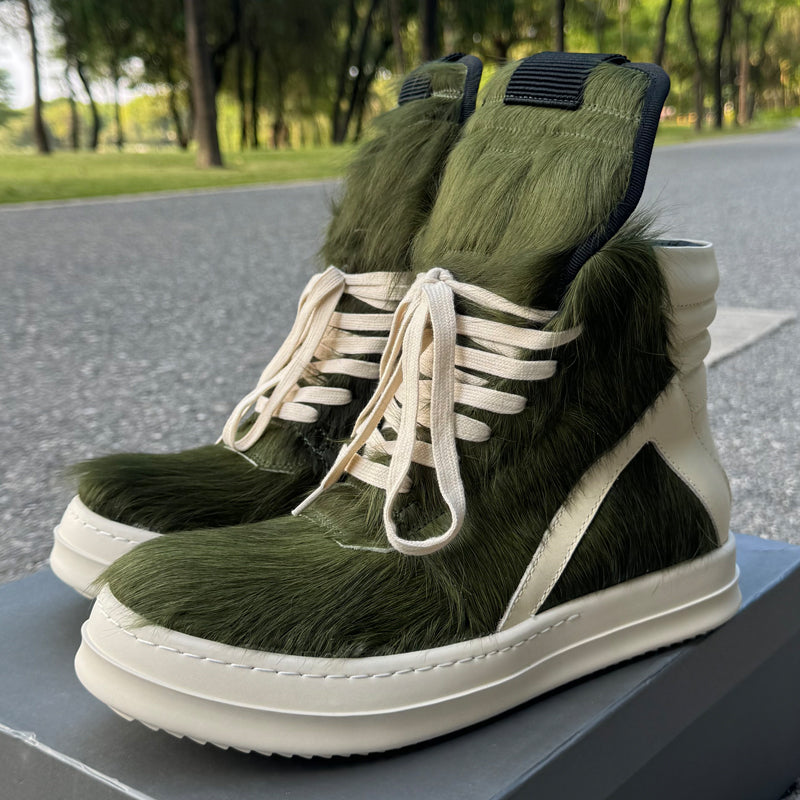 24SS Pony Hair RO High-Top Sneakers – Leather Thick Sole Casual Shoes Unisex