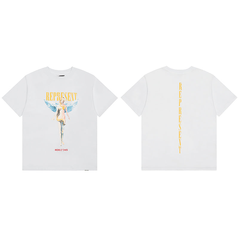 Self-made REPRESENT Washed Distressed Doberman Shark Short-Sleeve T-Shirt FOG