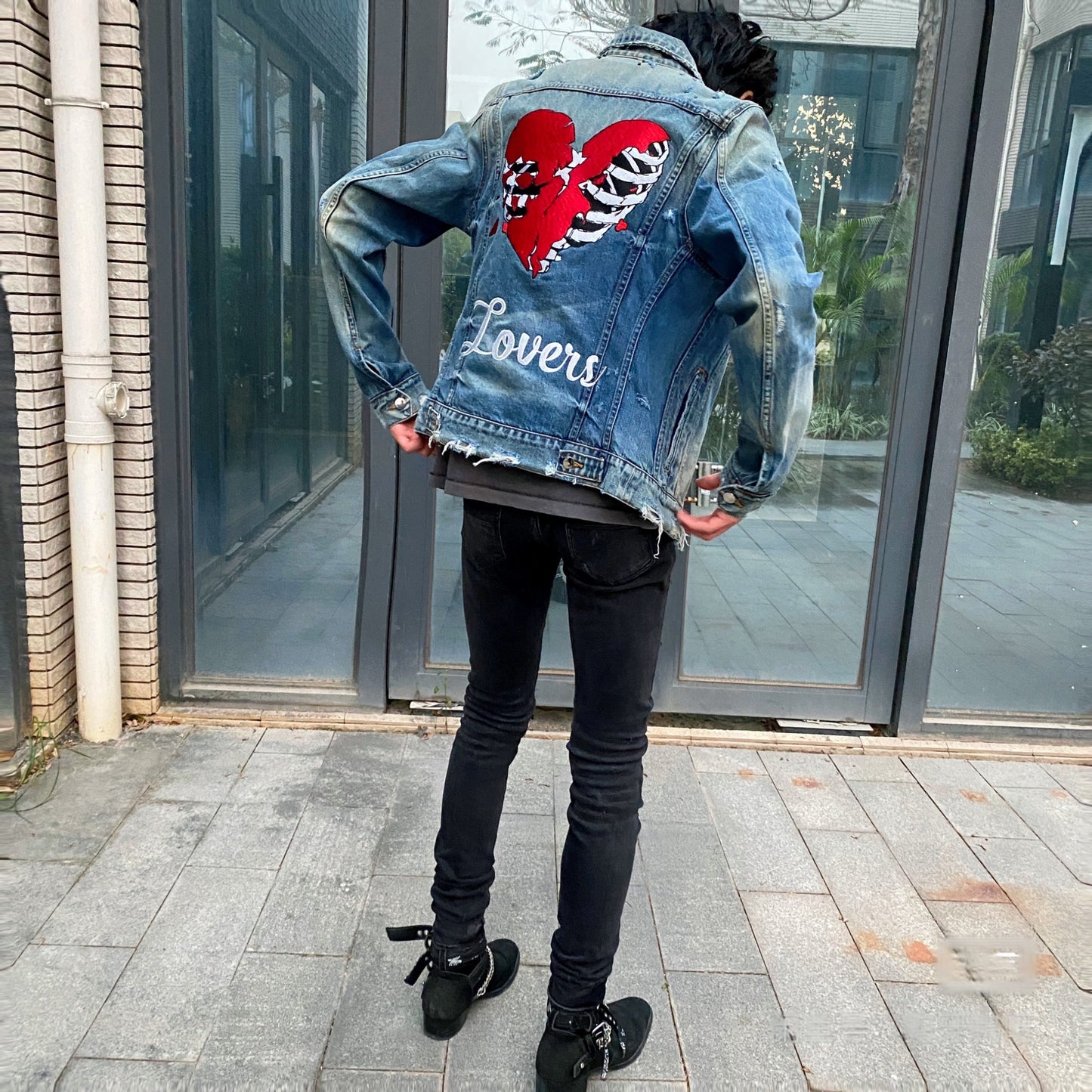 Self-made AMIRI Heartbreak Lovers Denim Jacket - Embroidered Washed Highstreet