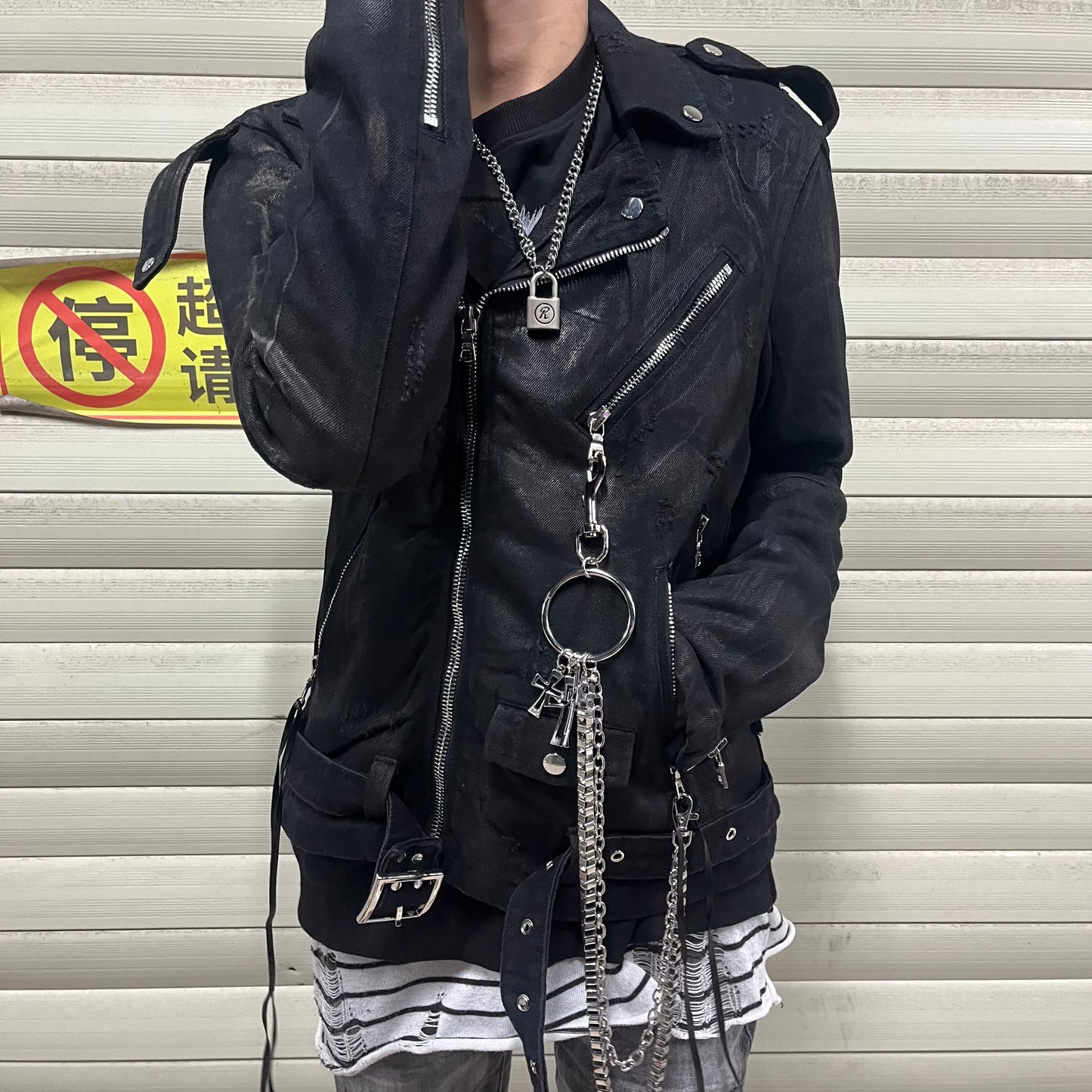 Self-made AMIRI 16SS Heavyweight Waxed Biker Jacket - Slim Waist Zip Fit High-Street