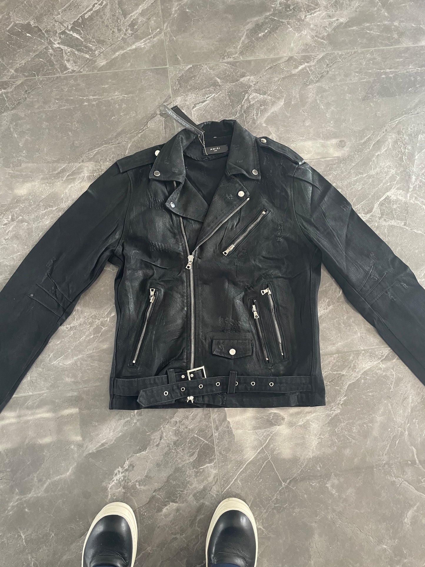 Self-made AMIRI 16SS Heavyweight Waxed Biker Jacket - Slim Waist Zip Fit High-Street