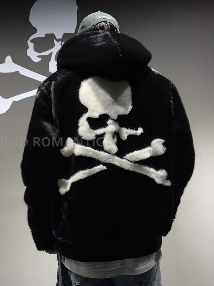 Mastermind MMJ Skull Faux Mink Fur Hoodie – Dark High-Street Black Hooded Coat