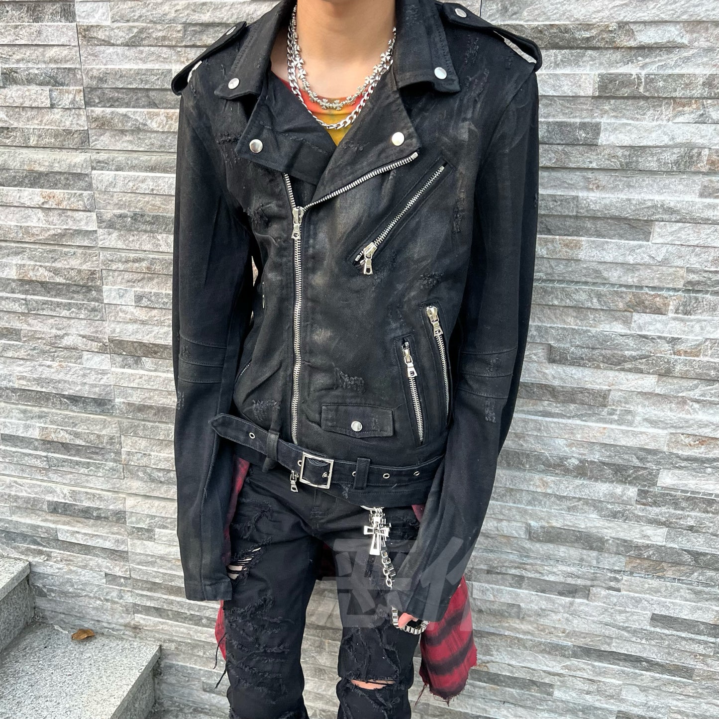 Self-made AMIRI 16SS Heavyweight Waxed Biker Jacket - Slim Waist Zip Fit High-Street