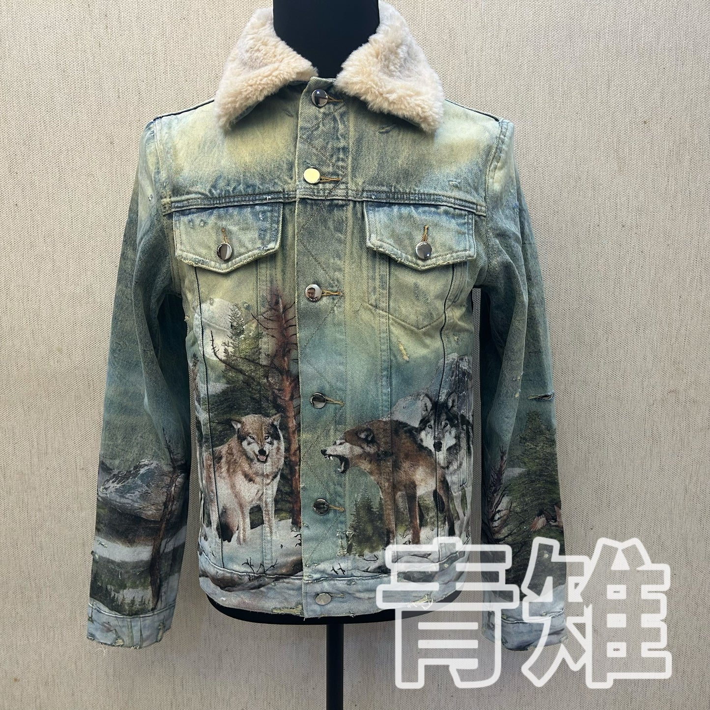 Self-made AMIRI 18AW Snow Wolf Graffiti Jacket - Shearling Collar Waxed High-Street