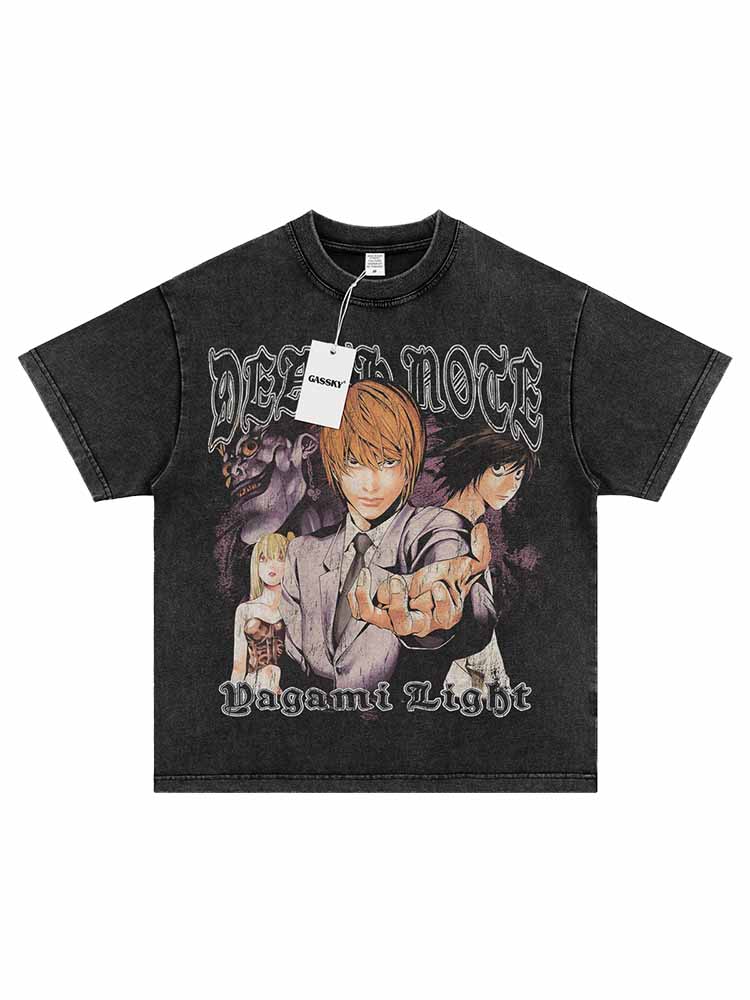 Gassky Death Note T-Shirt – Light Yagami Anime Print Vintage Washed Tee