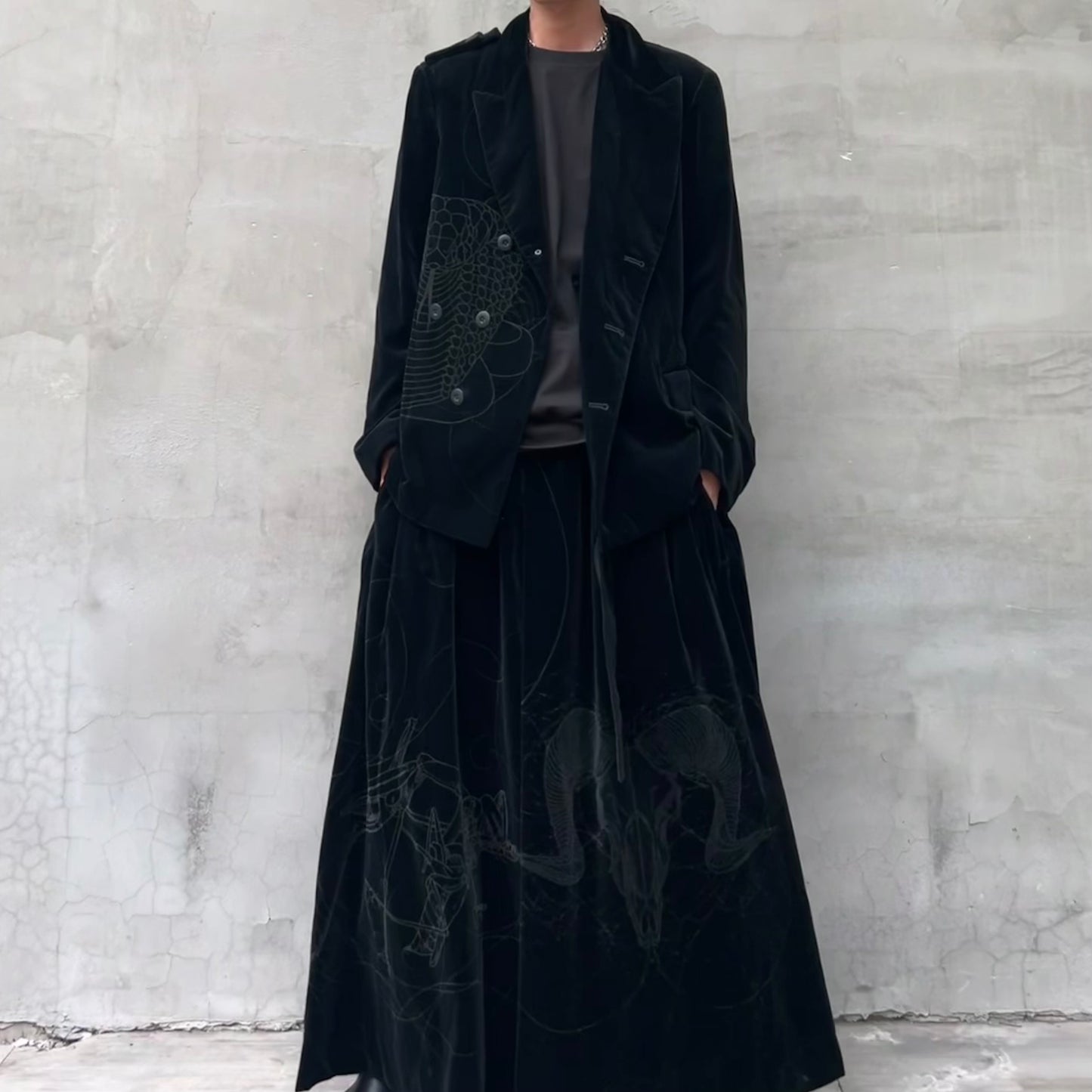 Self-made Yohji Yamamoto Velvet Family Crest Serpent Emblem Jacket - Skirt Suit