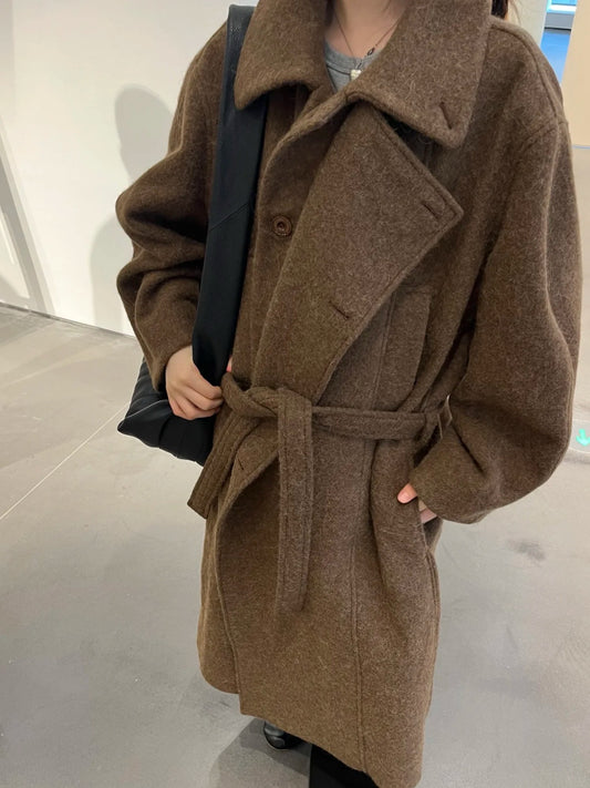 Self-made Lemaire*vibe Alpaca Wool Blend Brown Stand Collar Robe Trench Coat