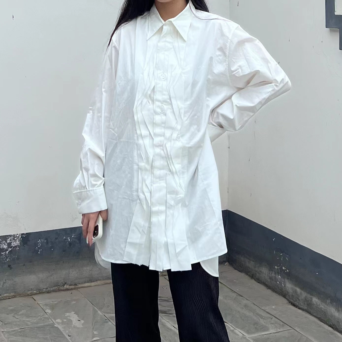 Yohji-Yamamoto Dark Pleated Torn Cotton Silk Blend Shirt Monochrome Palace Style