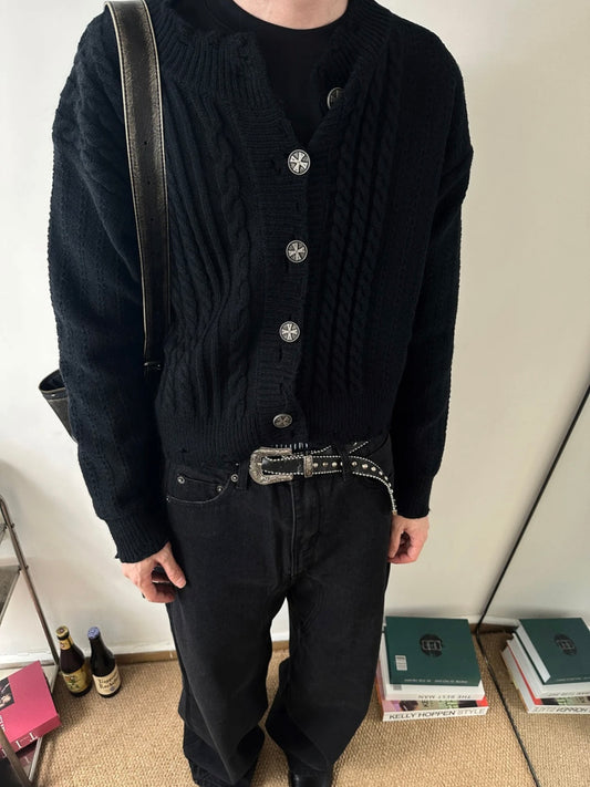 ERD 'Depressed Heir' Cardigan - Cashmere-Cotton Blend Cropped Knit Silver Buttons - Donclickin