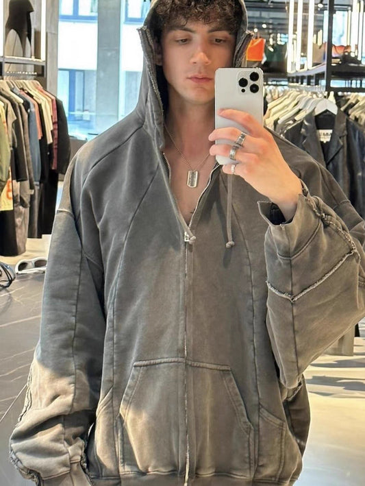 Self-made Vetements 23FW Heavy Washed Distressed Deconstructed Zip Hoodie