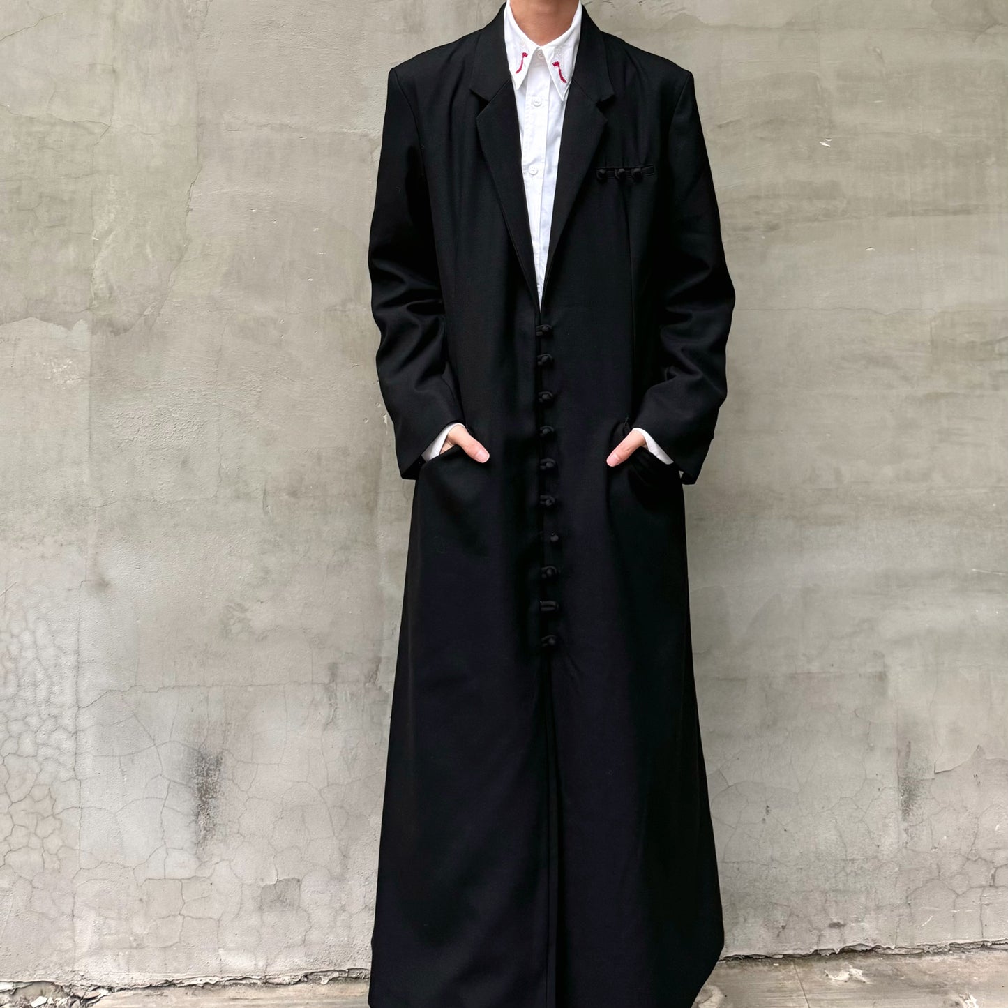 Donclick Yohji AW18 Monastic Collection Tuxedo-Wrap Fabric Buttons Wool Overcoat