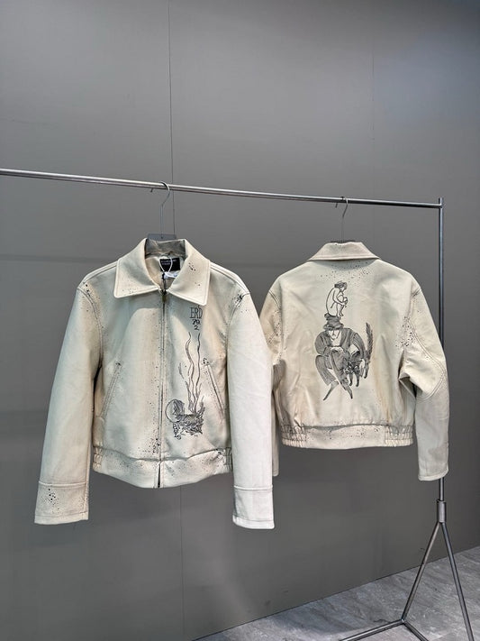 ERD SS24 Depressed Heir Embroidered Splatter Leather Biker Jacket Wookvibe