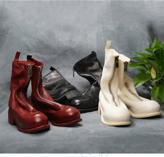 Self-made Guidi Horse Leather Distressed Chunky Heel Mid-Calf Ankle Boots PL1/2 Front-Zip