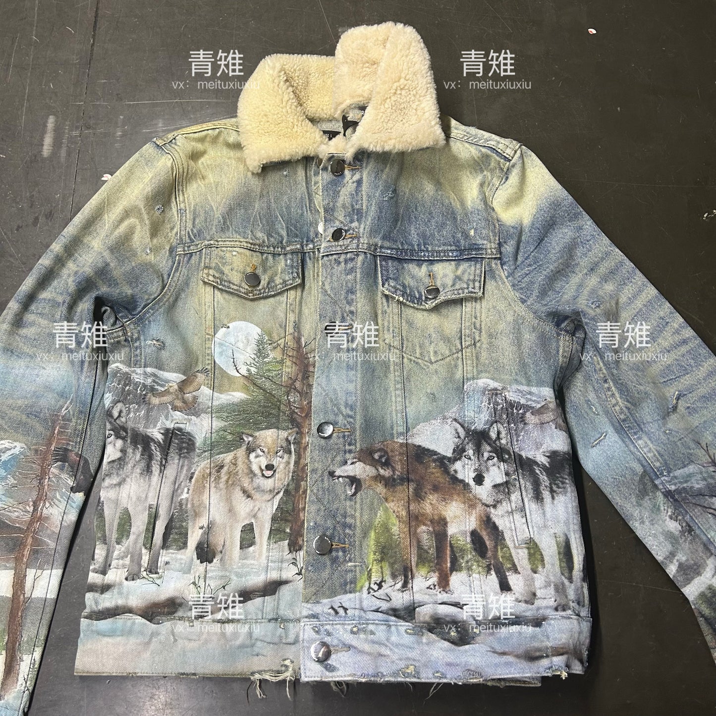 Self-made AMIRI 18AW Snow Wolf Graffiti Jacket - Shearling Collar Waxed High-Street