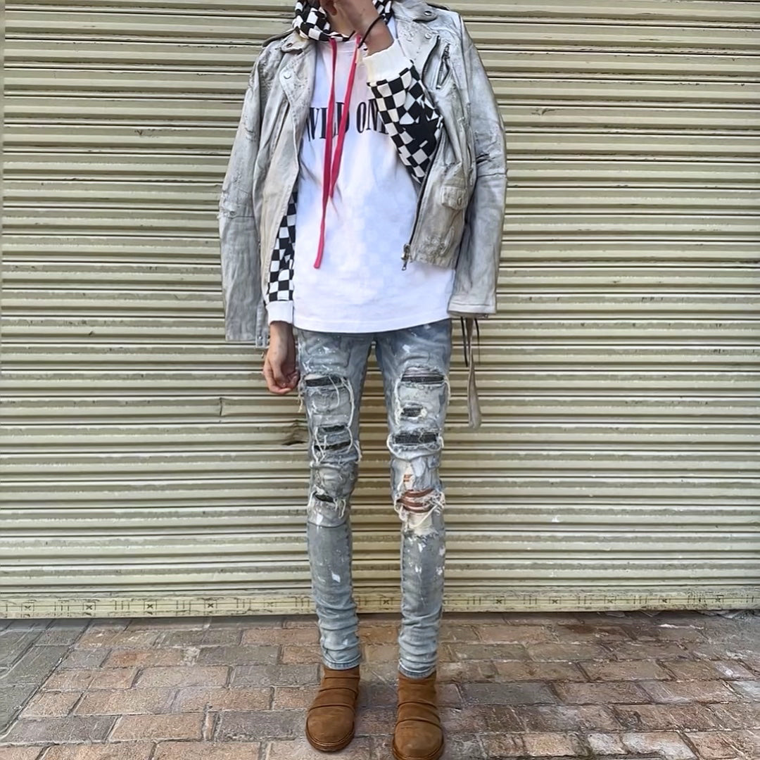 Self-made AMIRI 15OG Slim-Waist Destroyed Motorcycle Denim Washed White Jackets