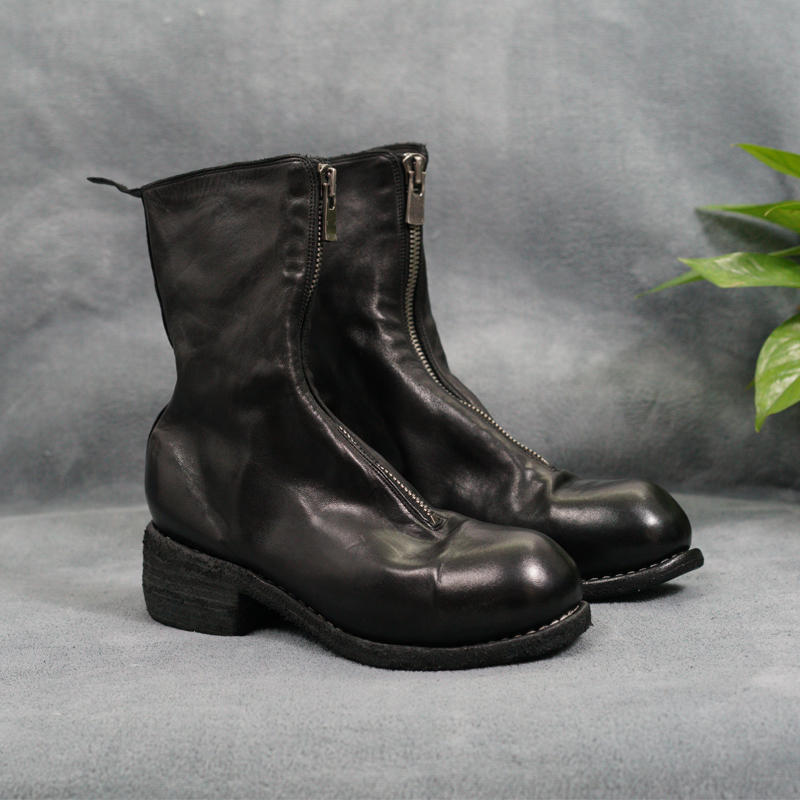 Self-made Guidi Horse Leather Distressed Chunky Heel Mid-Calf Ankle Boots PL1/2 Front-Zip