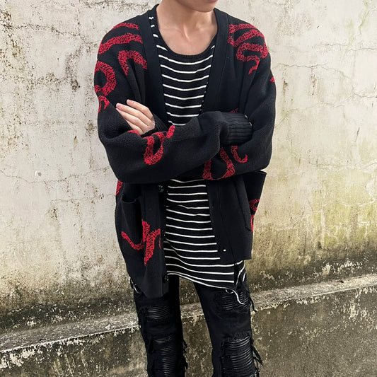 Self-made AMIRI 18AW Dark Red Snake - High-Street Wool Cardigan Jackets
