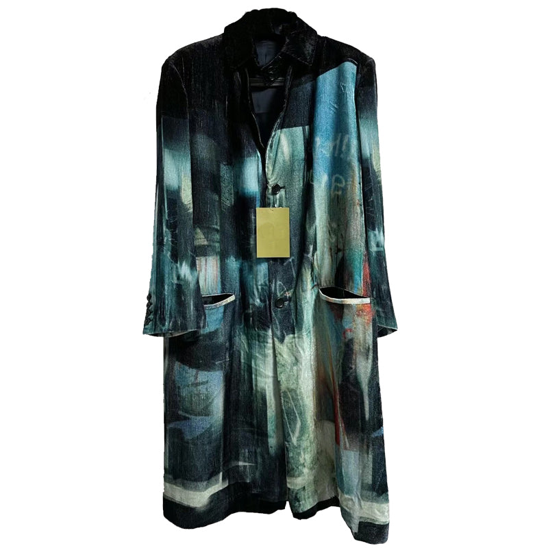 Donclickin Yohji Yamamoto Dead Sea Print Lake Blue Velvet Corduroy Trench Coat