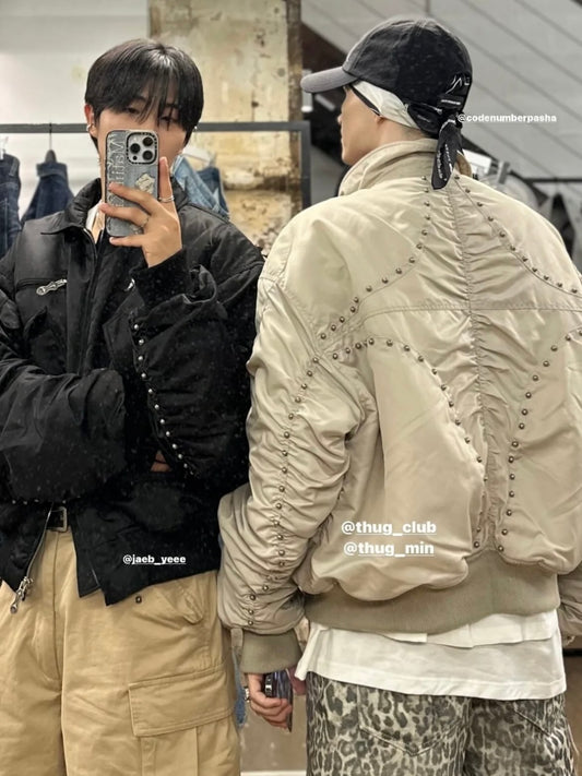 Donclickin Thug Club Star&Moon Studded Bomber – Short-Cut Cotton Flight Jacket