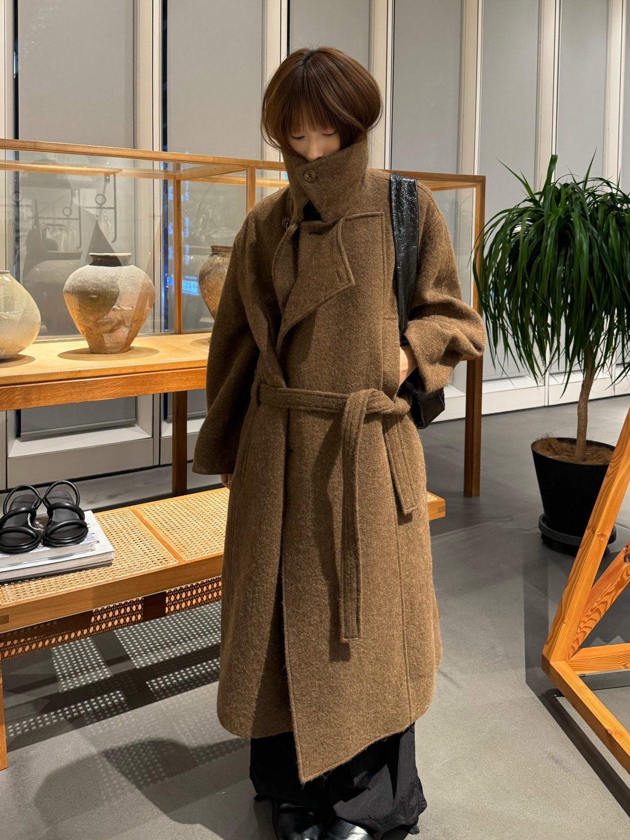 Self-made Lemaire*vibe Alpaca Wool Blend Brown Stand Collar Robe Trench Coat